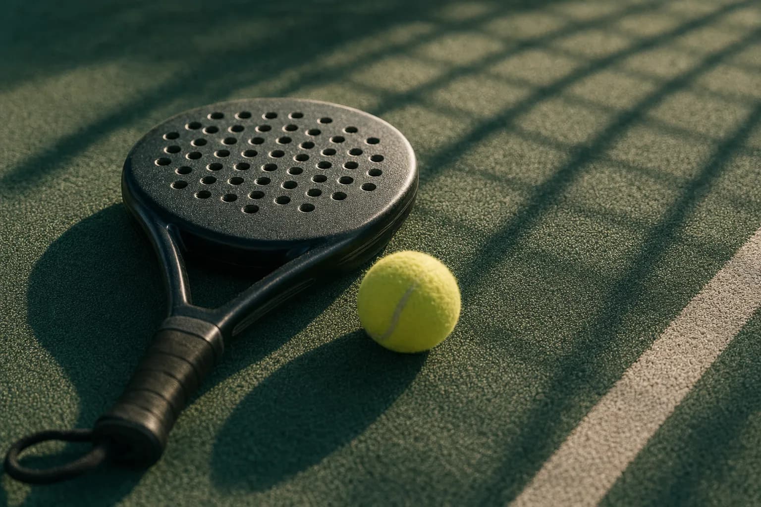 Padelschläger und Ball auf dem Court