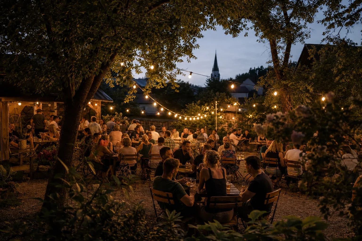 Belebter Biergarten unter Lichterketten am Abend