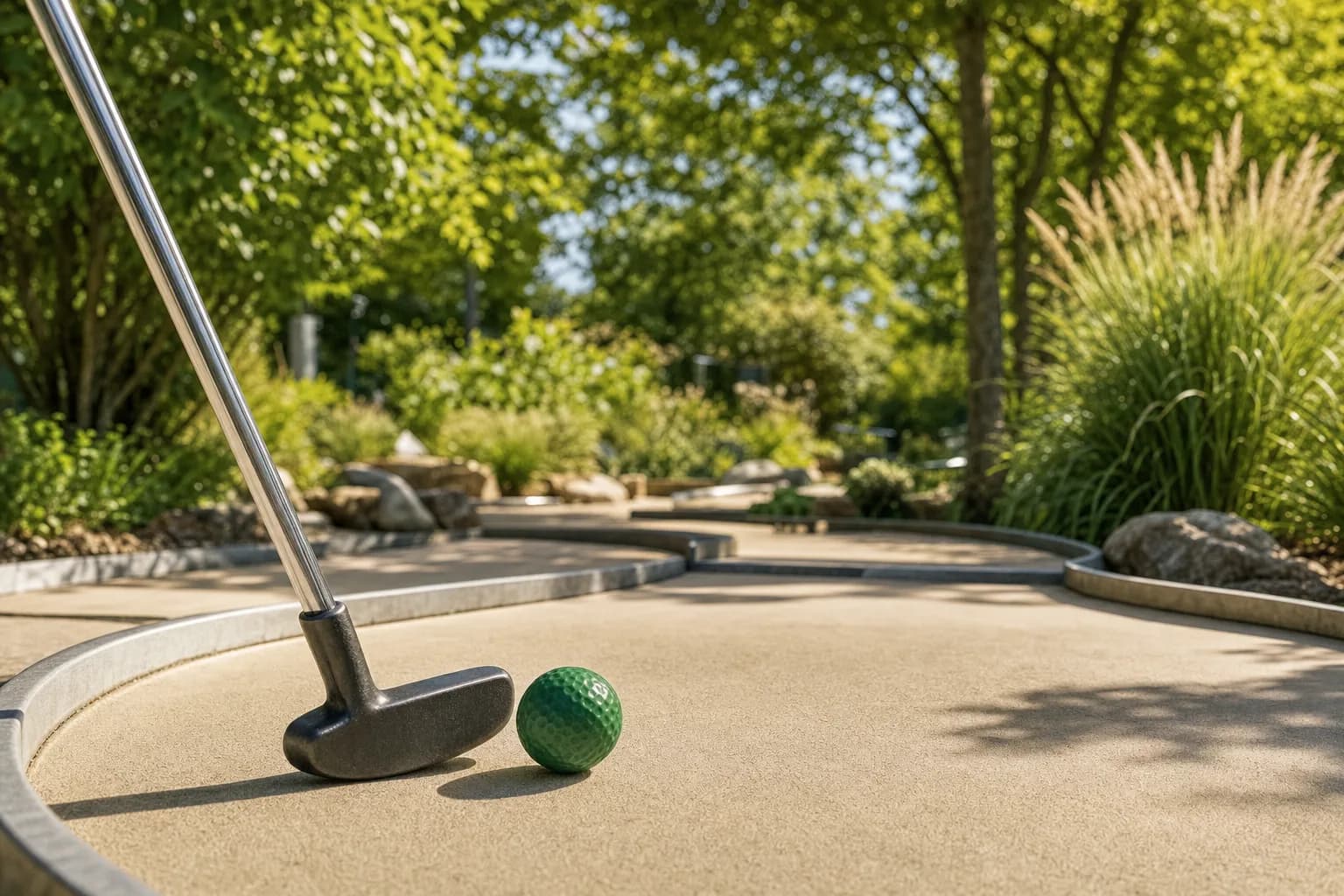 Minigolfball und Putter auf einer grünen Bahn